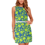 rose floral neon green greek key print 2 Eos Women's Sleeveless Dress (Model D01) - Objet D'Art