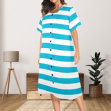 blue white striped 1A Women's Button Front House Dress - Objet D'Art