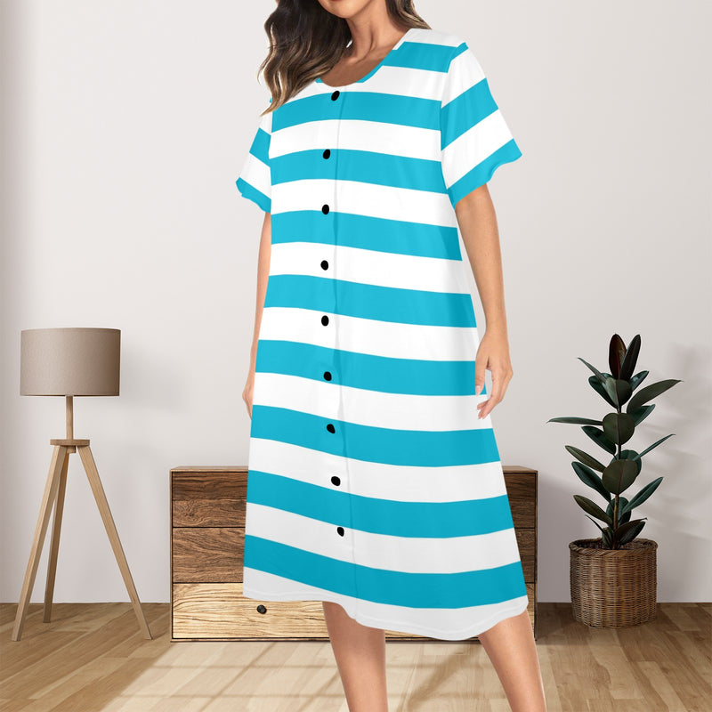 blue white striped 1A Women's Button Front House Dress - Objet D'Art