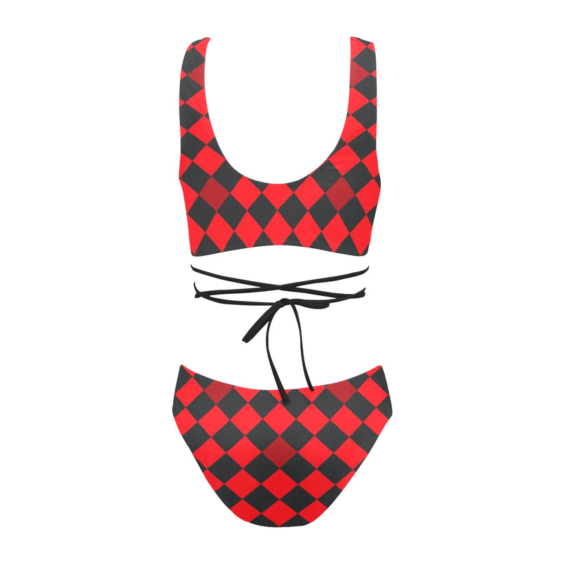red black diamond print 2 Cross String Bikini Set (Model S29) - Objet D'Art