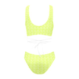 white neon green greek key print Cross String Bikini Set (Model S29) - Objet D'Art