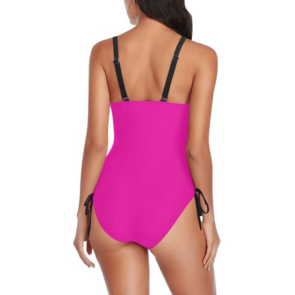 fuchsia print solid Drawstring Side One-Piece Swimsuit (Model S14) - Objet D'Art