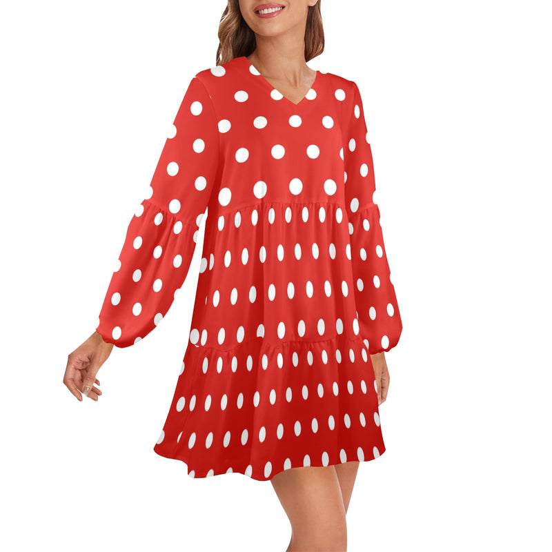 wild flower red polka dots V-Neck Loose Fit Dress (Model D66) - Objet D'Art