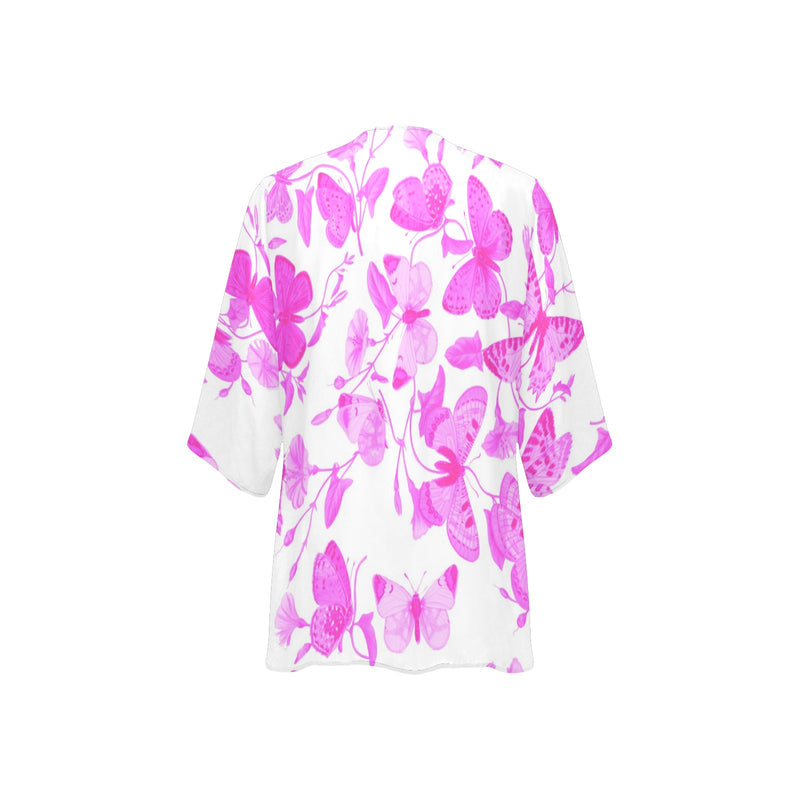 butterfly pink on white print Women's Kimono Chiffon Cover Up (Model H51) - Objet D'Art