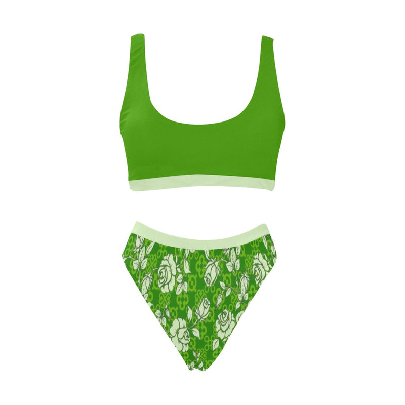 rose adinkra green print Sport Top & High-Waisted Bikini Swimsuit (Model S07) - Objet D'Art