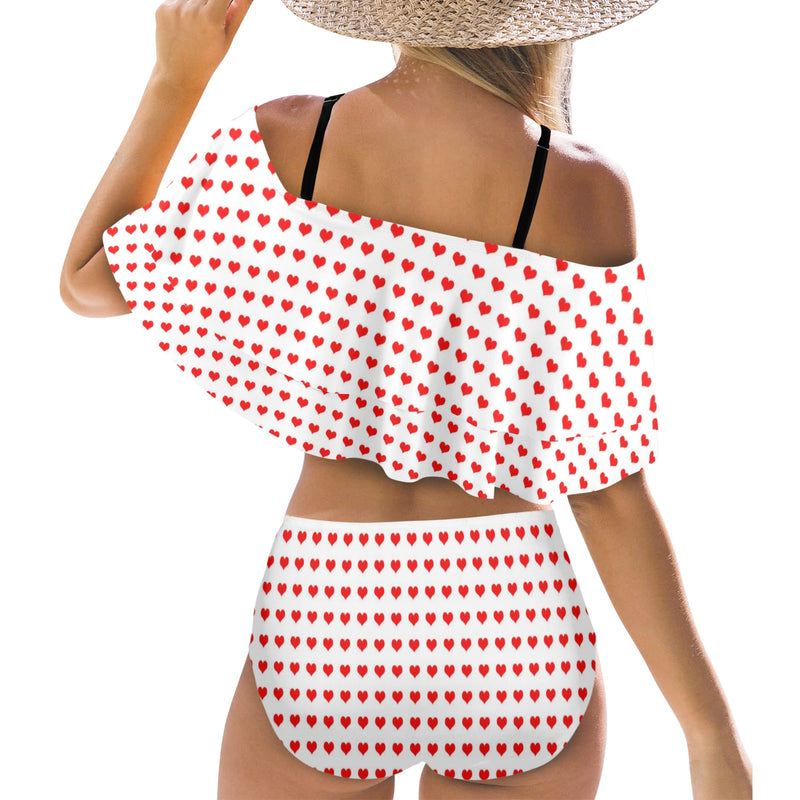 red hot hearts print Women's Ruffle Off Shoulder Bikini Swimsuit (Model S45) - Objet D'Art