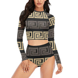 brown beige greek key print 10A Long Sleeve Bikini Set (Model S27) - Objet D'Art