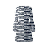 blue white greek key solid print V-Neck Loose Fit Dress (Model D62) - Objet D'Art