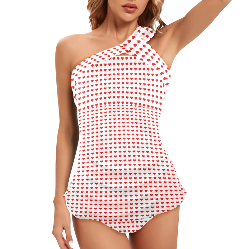 red hot hearts print Women's One Shoulder Backless Swimsuit (Model S44) - Objet D'Art