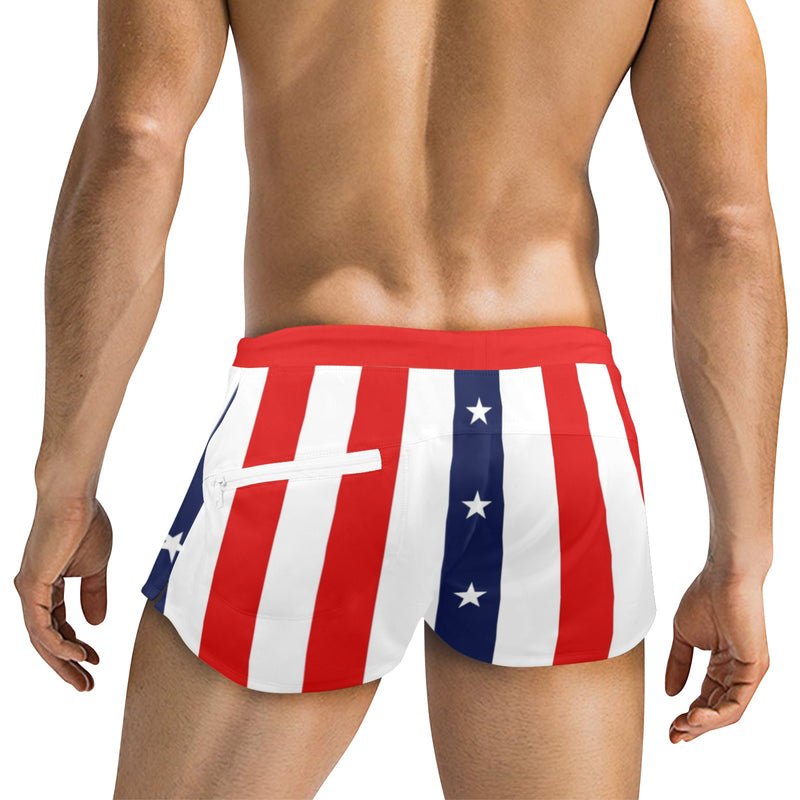 stars and stripes print 2 Men's Swim Trunks with Zipper Pocket (Model L71) - Objet D'Art