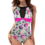 fuchsia solid print 6Q Women's High Neck Plunge Mesh Ruched Swimsuit (S43) - Objet D'Art