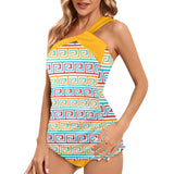 saffron print solid 2 Women's One Shoulder Backless Swimsuit (Model S44) - Objet D'Art