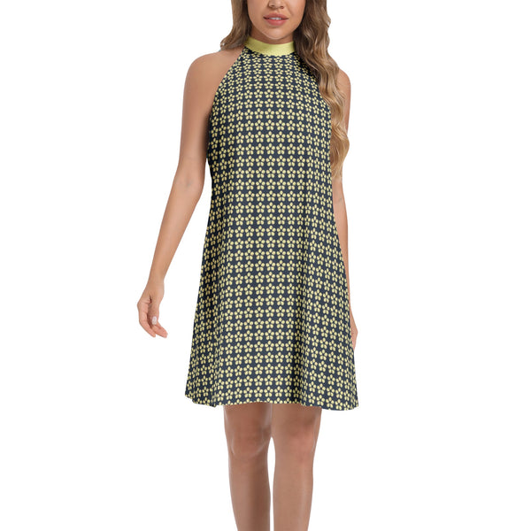 Gold Petal Tie Back Halter Neck Flared Dress - Objet D'Art