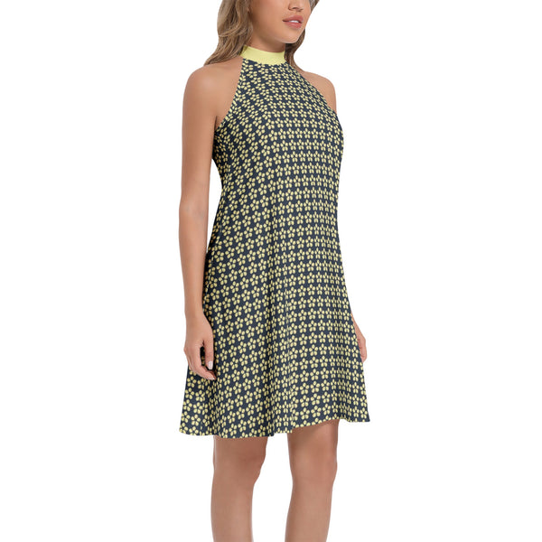 Gold Petal Tie Back Halter Neck Flared Dress - Objet D'Art