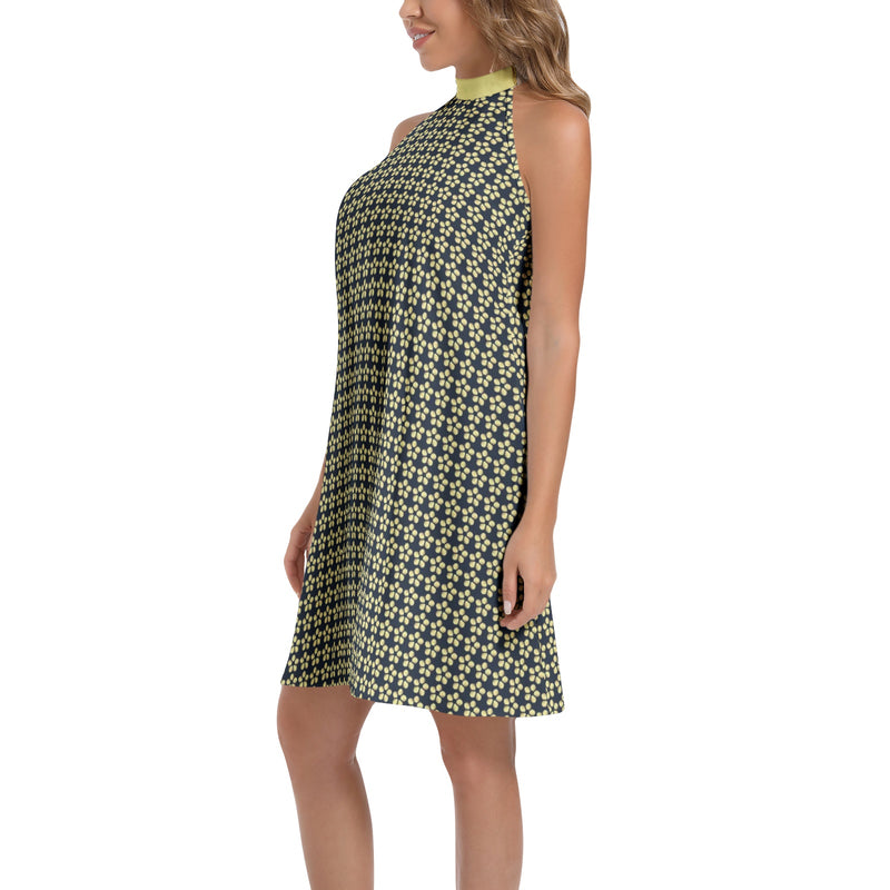 Gold Petal Tie Back Halter Neck Flared Dress - Objet D'Art