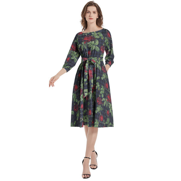Boat Neck Belted Flared Dress - Objet D'Art