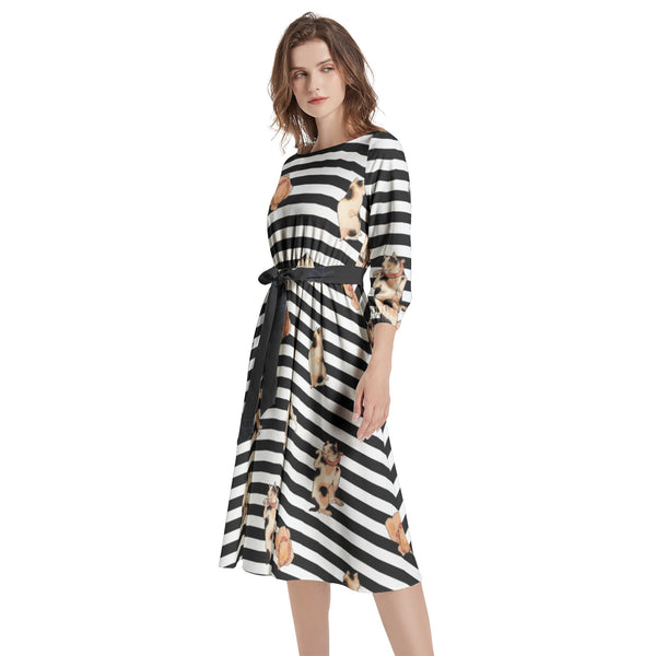 Boat Neck Belted Flared Dress - Objet D'Art