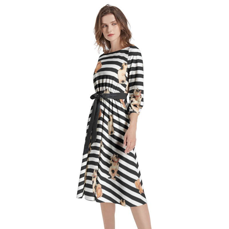 Boat Neck Belted Flared Dress - Objet D'Art