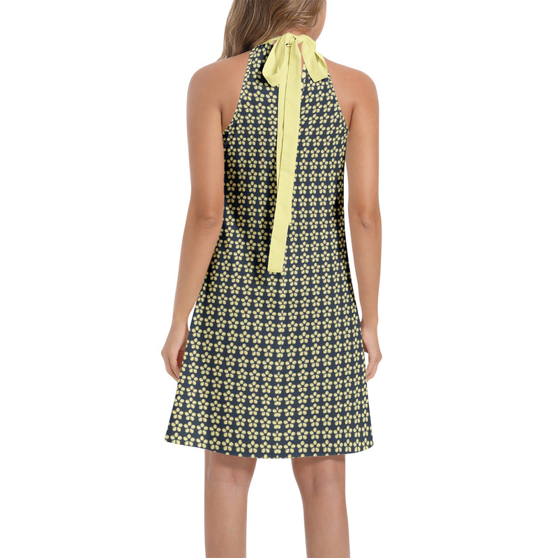 Gold Petal Tie Back Halter Neck Flared Dress - Objet D'Art