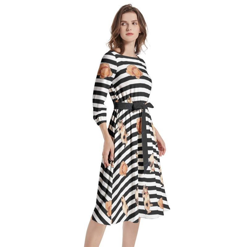Boat Neck Belted Flared Dress - Objet D'Art