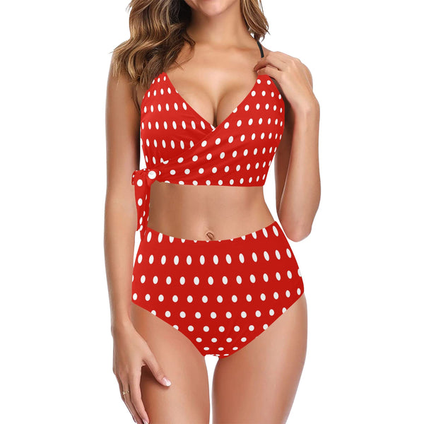 wild flower red polka dots Knot Side Bikini Swimsuit (Model S37) - Objet D'Art