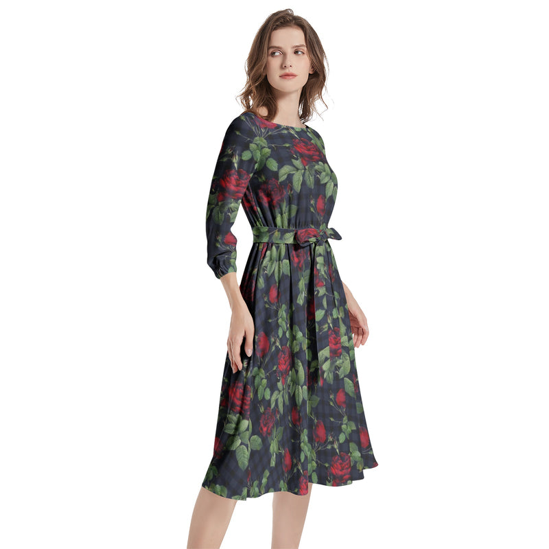Boat Neck Belted Flared Dress - Objet D'Art