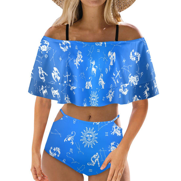 zodiac constellation print 2 Women's Ruffle Off Shoulder Bikini Swimsuit (Model S45) - Objet D'Art