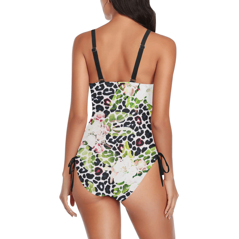 apple blossom leopard print Drawstring Side One-Piece Swimsuit (Model S14) - Objet D'Art