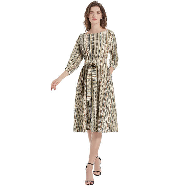 Boat Neck Belted Flared Dress - Objet D'Art