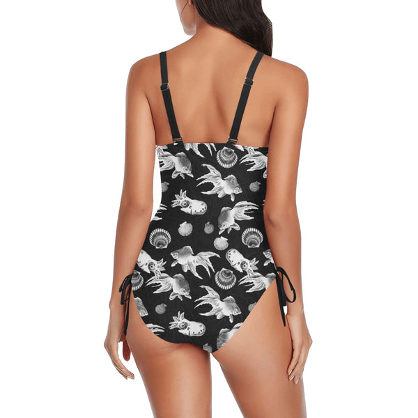 aquatic life bw print Drawstring Side One-Piece Swimsuit (Model S14) - Objet D'Art