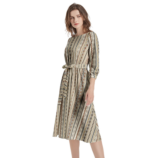 Boat Neck Belted Flared Dress - Objet D'Art