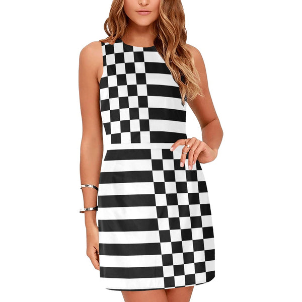 Checkered & Striped Eos Women's Sleeveless Dress - Objet D'Art