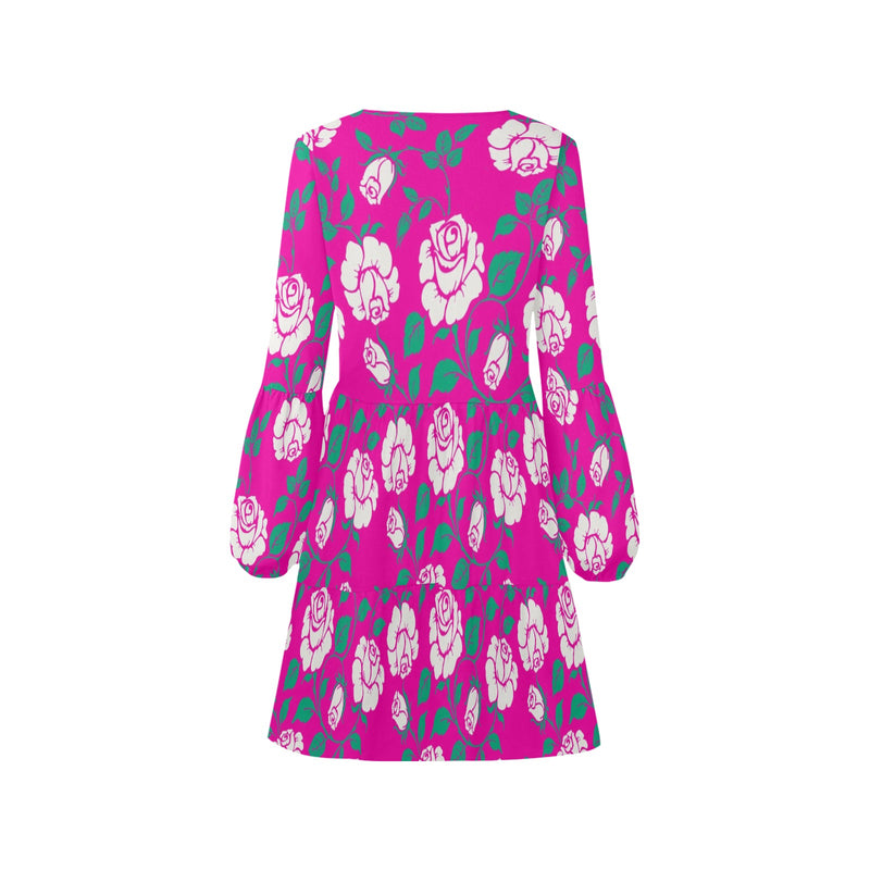 fuchsia rose green petal print V-Neck Loose Fit Dress (Model D62) - Objet D'Art