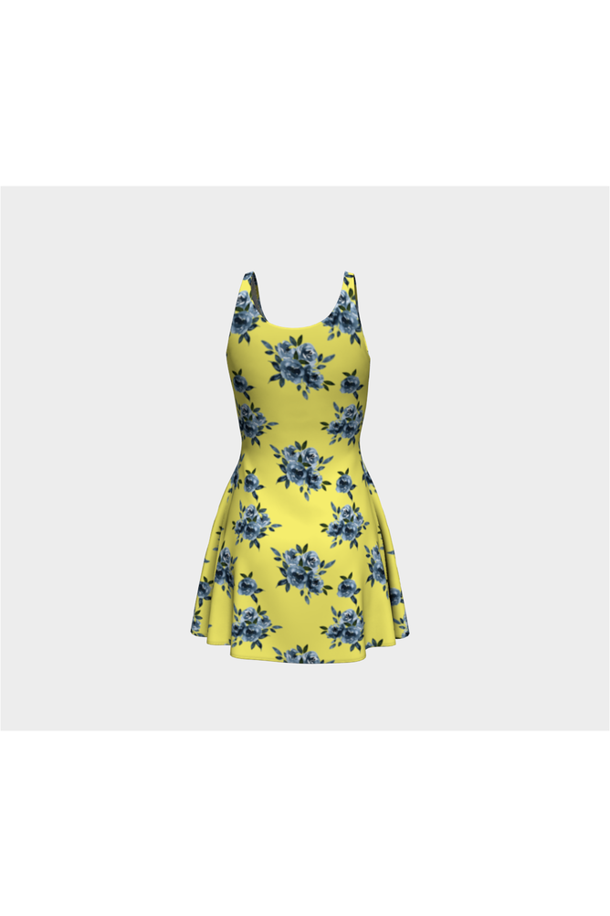 Blue Floral on Yellow Flare Dress - Objet D'Art