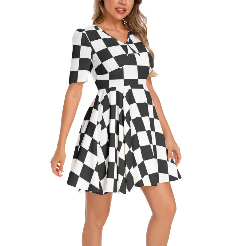 Piebald Pixels aShort Sleeve Ruched Bust Flared Hem Dress - Objet D'Art