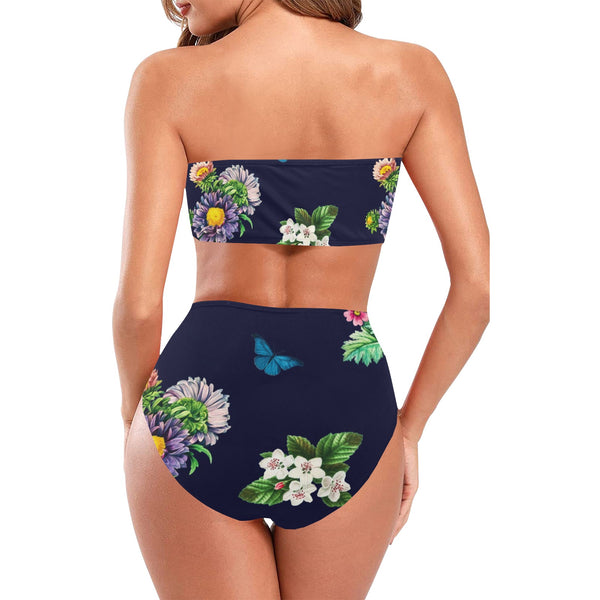 floral dark blue print 2 Chest Wrap Bikini Swimsuit (Model S36) - Objet D'Art