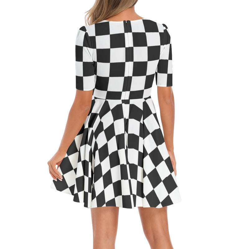 Piebald Pixels aShort Sleeve Ruched Bust Flared Hem Dress - Objet D'Art