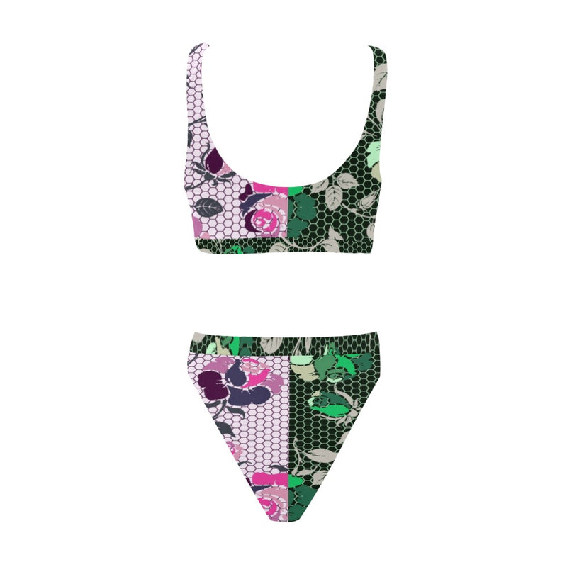 green rose print 2 Sport Top & High-Waisted Bikini Swimsuit (Model S07) - Objet D'Art