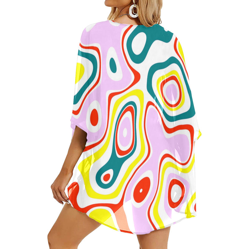 colored splat print 2 Women's Kimono Chiffon Cover Up (Model H51) - Objet D'Art