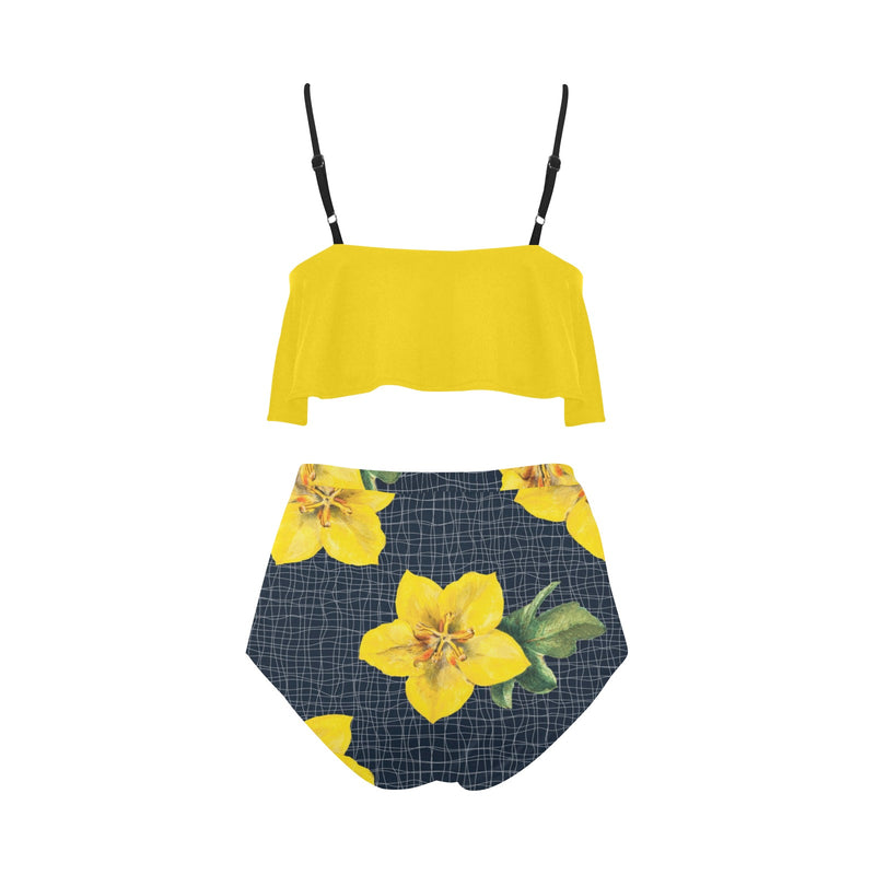 yellow flora print copy High Waisted Ruffle Bikini Set (Model S13) - Objet D'Art