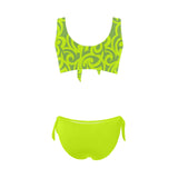 neon green scroll print 2 Bow Tie Front Bikini Swimsuit (Model S38) - Objet D'Art