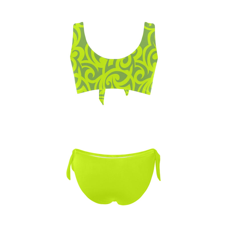 neon green scroll print 2 Bow Tie Front Bikini Swimsuit (Model S38) - Objet D'Art