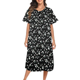 white and black floral print 2A Women's Button Front House Dress - Objet D'Art
