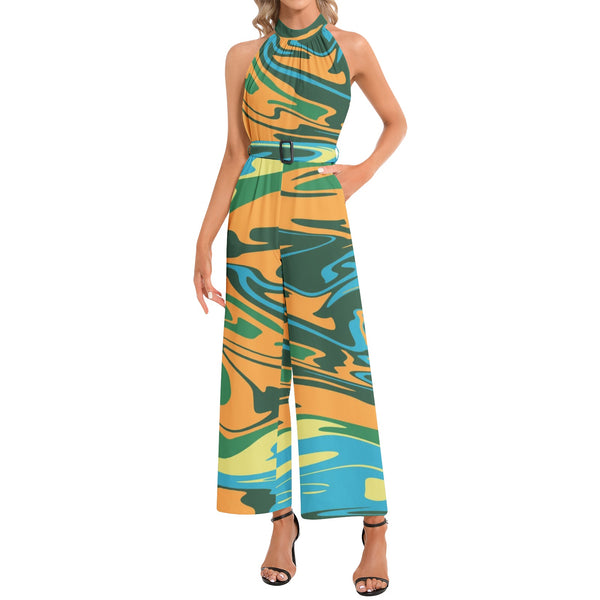 Halter Neck Buckle Belted Jumpsuit - Objet D'Art