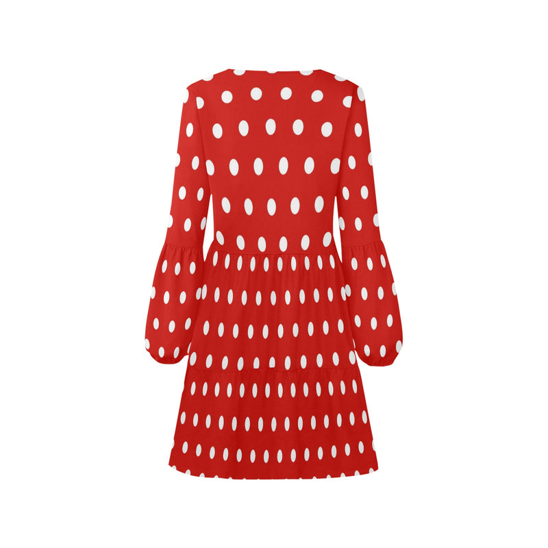 wild flower red polka dots V-Neck Loose Fit Dress (Model D62) - Objet D'Art