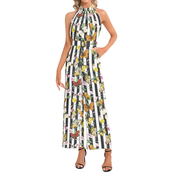 Butterfly Print Halter Neck Buckle Belted Jumpsuit - Objet D'Art