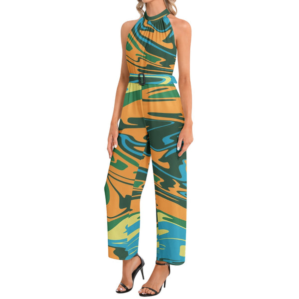 Halter Neck Buckle Belted Jumpsuit - Objet D'Art