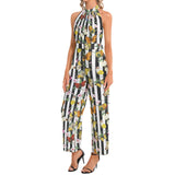 Butterfly Print Halter Neck Buckle Belted Jumpsuit - Objet D'Art