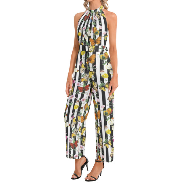 Butterfly Print Halter Neck Buckle Belted Jumpsuit - Objet D'Art