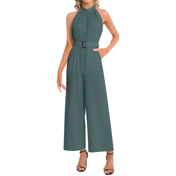 Halter Neck Buckle Belted Jumpsuit - Objet D'Art